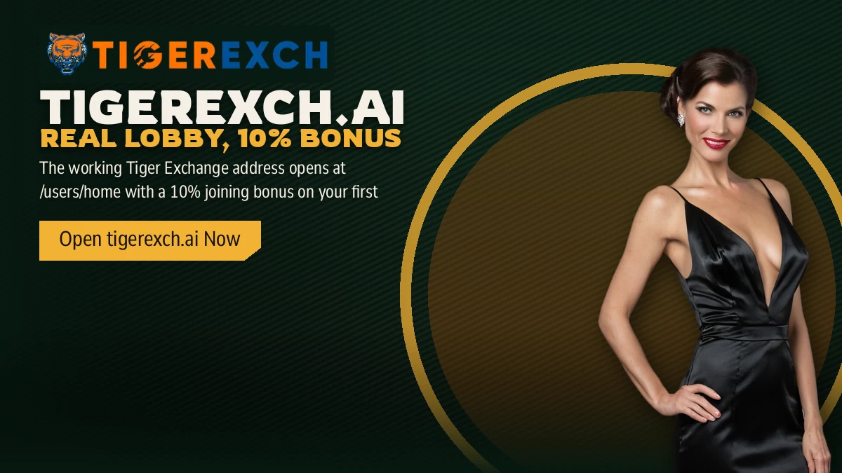 Tigerexch.ai Real Lobby, 10% Bonus banner: The working Tiger Exchange address opens at /users/home with a 10% joining bonus on your first deposit, with a woman in a black satin dress with a hand on her hip