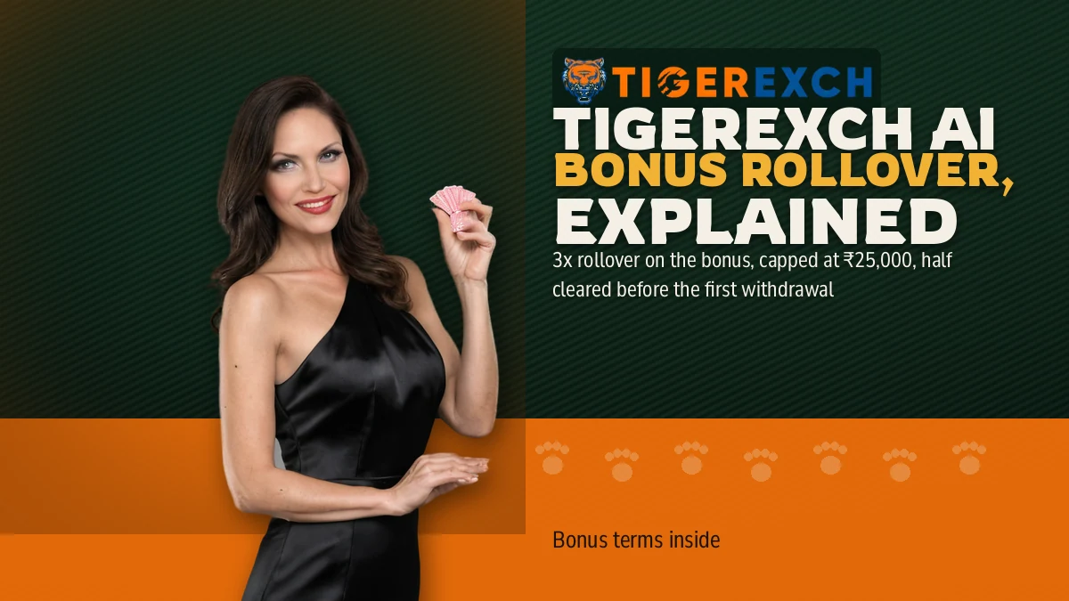 Tigerexch AI Bonus Rollover, Explained banner: 3x rollover on the bonus, capped at ₹25,000, half cleared before the first withdrawal, beside a woman in a black dress lifting a pink casino chip at a table