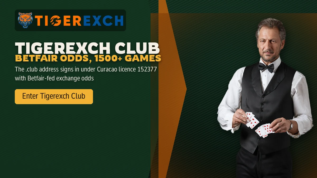 Tigerexch Club Betfair Odds, 1500+ Games banner: The .club address signs in under Curacao licence 152377 with Betfair-fed exchange odds, with a dealer in a black waistcoat and bow tie fanning cards