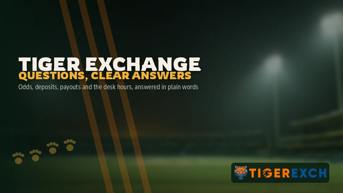 Tiger Exchange Questions, Clear Answers FAQ band: Odds, deposits, payouts and the desk hours, answered in plain words, over a floodlit cricket stadium backdrop