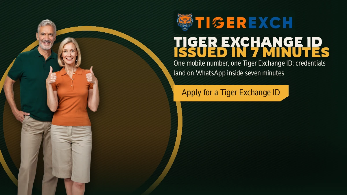 Tiger Exchange ID Issued in 7 Minutes banner: One mobile number, one Tiger Exchange ID; credentials land on WhatsApp inside seven minutes, with a couple giving a thumbs-up, the man in an olive shirt and the woman in an orange polo