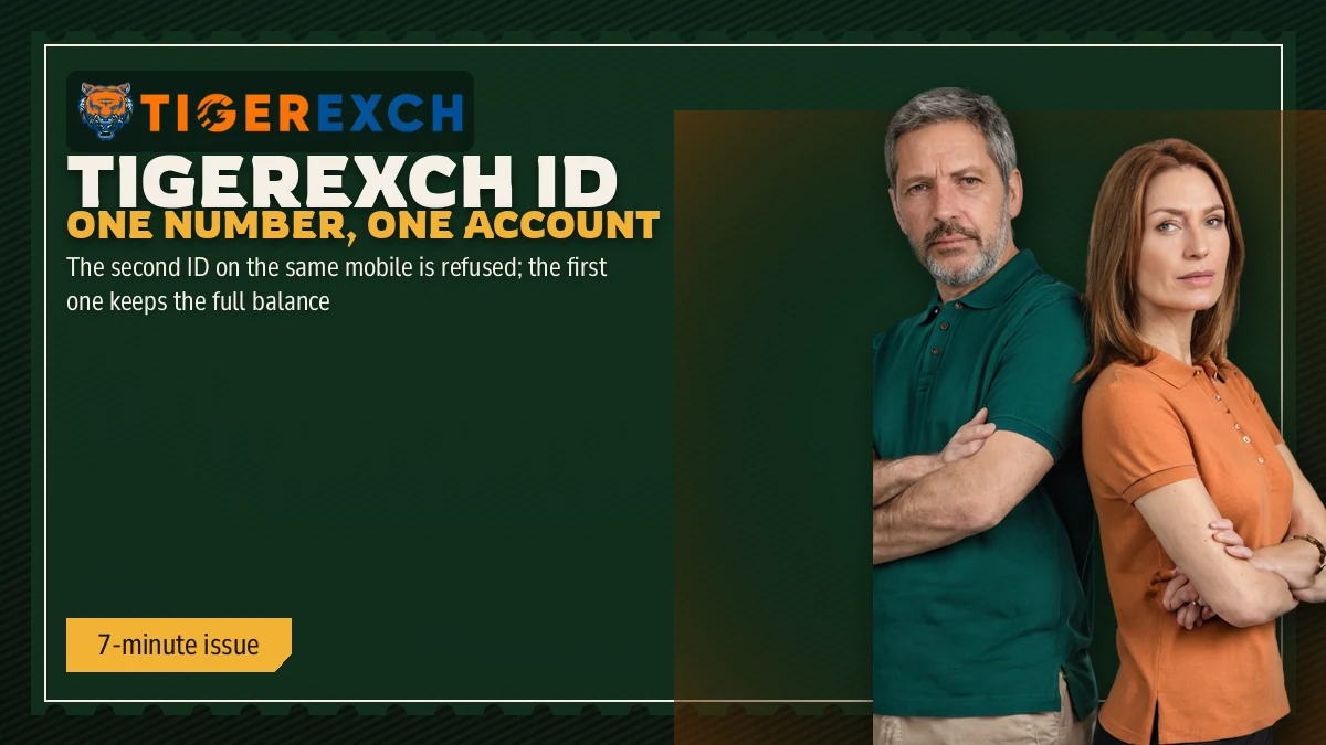 Tigerexch ID One Number, One Account banner: The second ID on the same mobile is refused; the first one keeps the full balance, beside a the same couple standing with arms crossed
