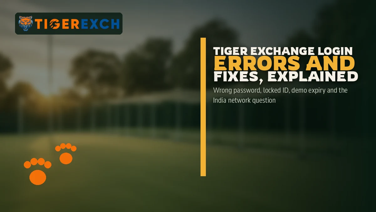 Tiger Exchange Login Errors and Fixes, Explained FAQ band: Wrong password, locked ID, demo expiry and the India network question, over a cricket practice nets at sunset