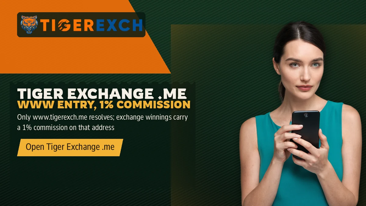 Tiger Exchange .me www Entry, 1% Commission banner: Only www.tigerexch.me resolves; exchange winnings carry a 1% commission on that address, with a woman in a teal top holding a phone