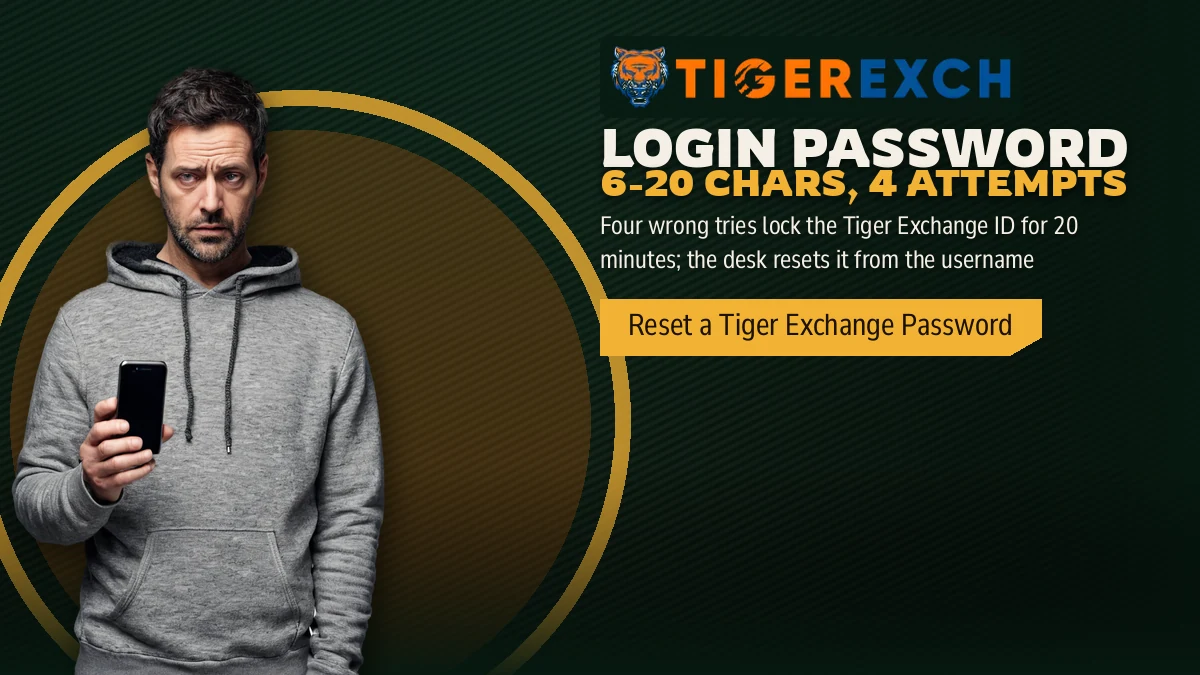 Login Password 6-20 Chars, 4 Attempts banner: Four wrong tries lock the Tiger Exchange ID for 20 minutes; the desk resets it from the username, with a man in a grey hoodie checking a phone