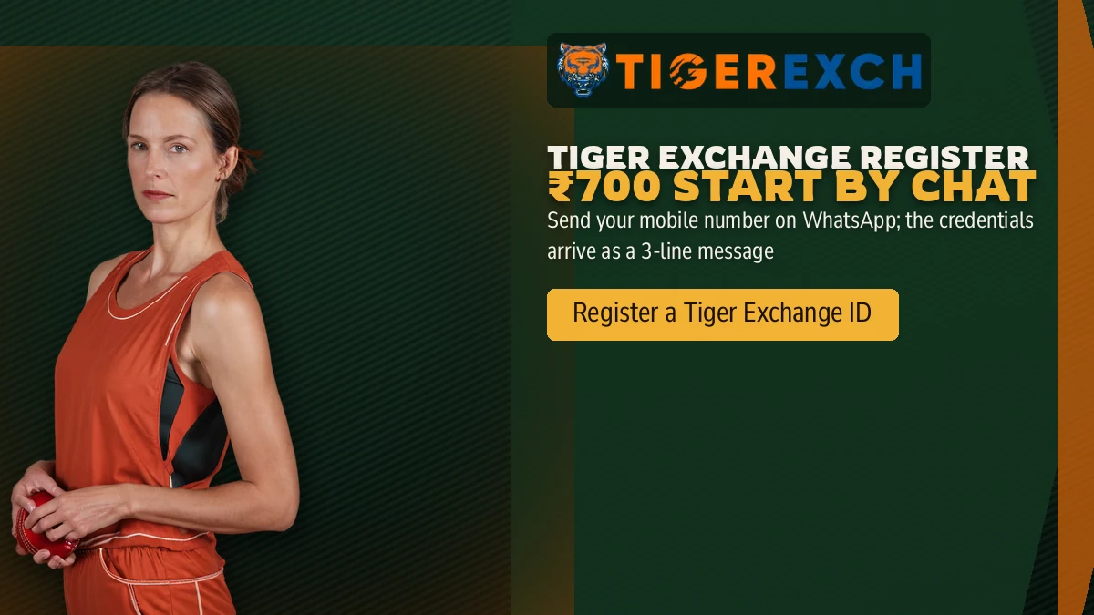 Tiger Exchange Register ₹700 Start by Chat banner: Send your mobile number on WhatsApp; the credentials arrive as a 3-line message, with a woman cricketer in an orange training top cupping a red cricket ball