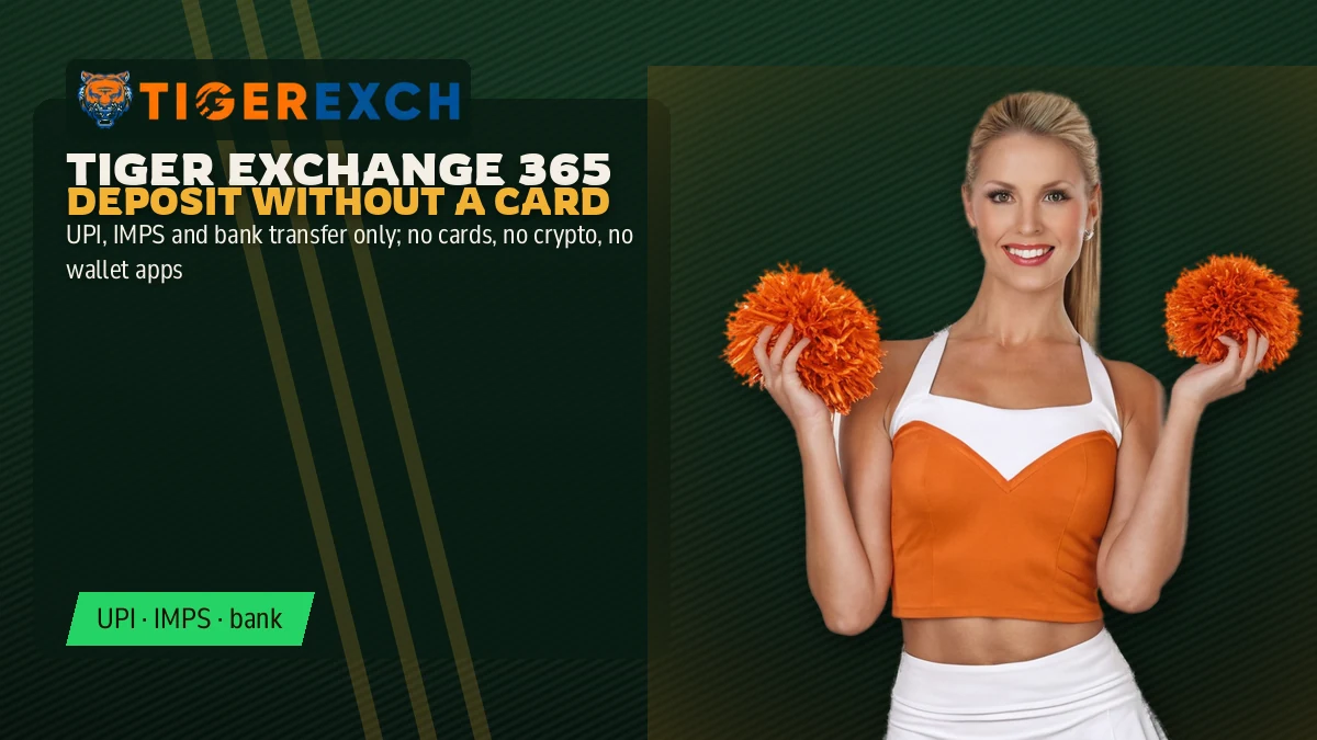 Tiger Exchange 365 Deposit Without a Card banner: UPI, IMPS and bank transfer only; no cards, no crypto, no wallet apps, beside a cheerleader holding orange pom-poms at chest height