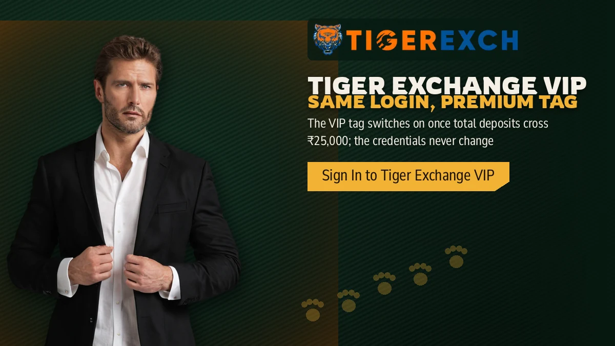 Tiger Exchange VIP Same Login, Premium Tag banner: The VIP tag switches on once total deposits cross ₹25,000; the credentials never change, with a man in a black blazer adjusting his cuff
