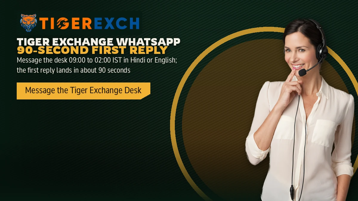 Tiger Exchange WhatsApp 90-Second First Reply banner: Message the desk 09:00 to 02:00 IST in Hindi or English; the first reply lands in about 90 seconds, with a headset-wearing support agent in a cream shirt holding a phone