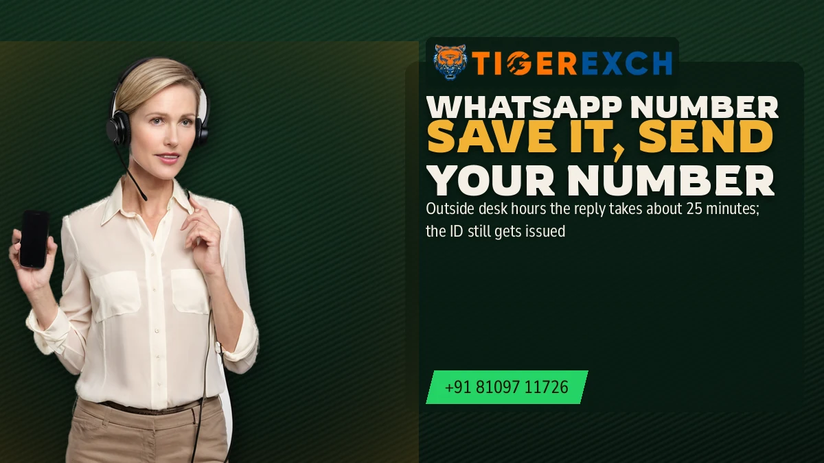 WhatsApp Number Save It, Send Your Number banner: Outside desk hours the reply takes about 25 minutes; the ID still gets issued, beside a support agent with a headset tapping a phone